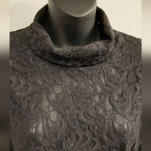 Nicole Miller Nicki Lace Turtleneck Top Womens Medium Black Sheer Long Sleeve